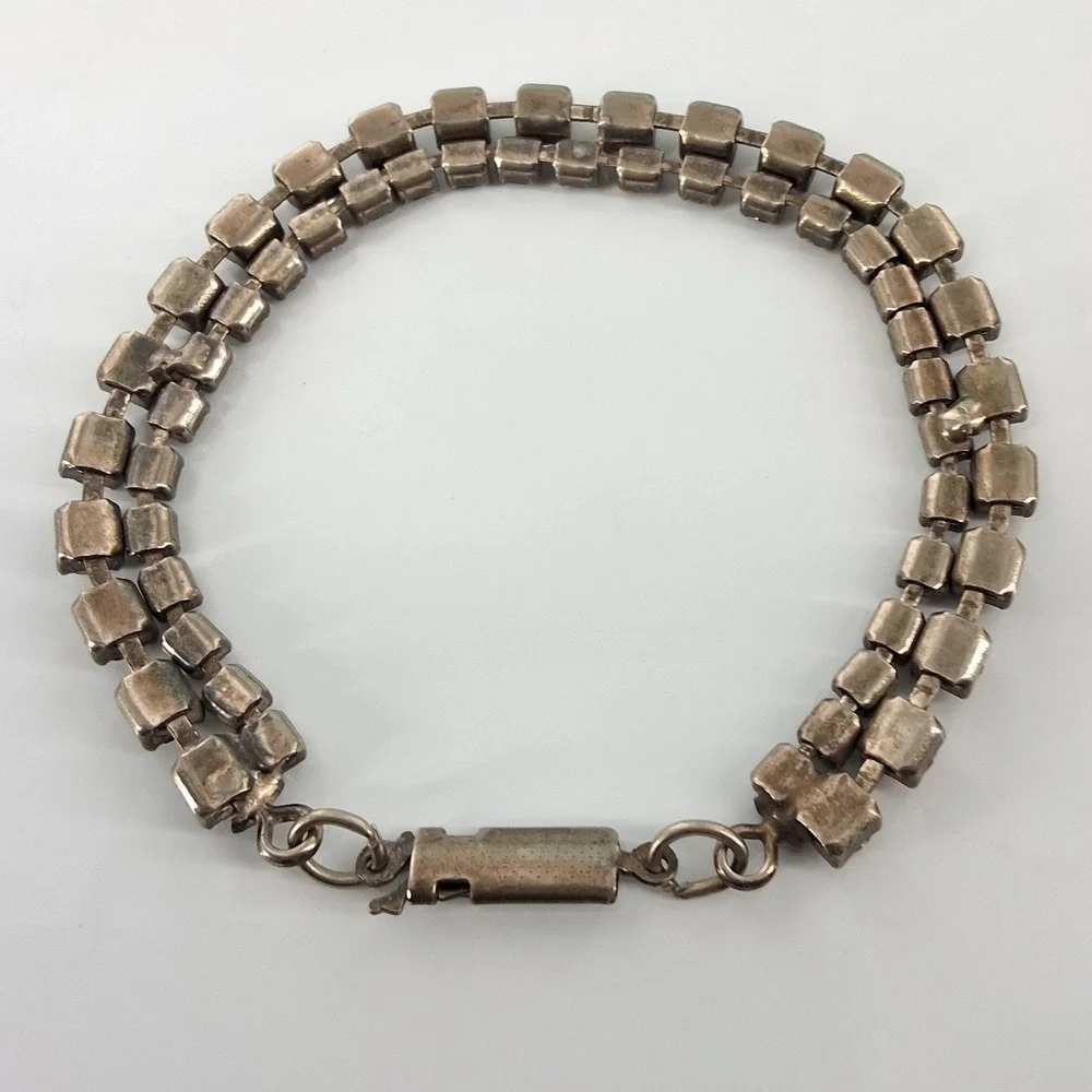 Vintage Double Row Rhinestone Tennis Bracelet Silver Tone 2 Strand 7.25